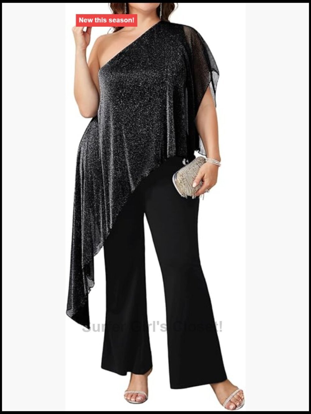 Plus Size 2 Piece Sparkly Pantsuit Set One Shoulder Asymmetric Wedding Guest